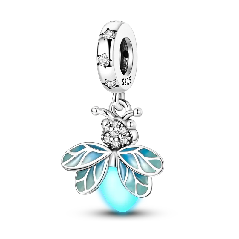 Sterling silver devil's eye charm bracelet featuring a butterfly pendant with clear stones and blue enamel.