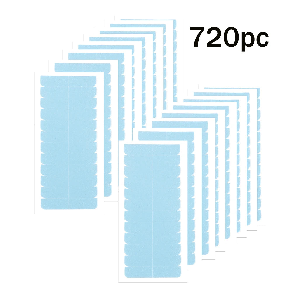 A set of 720 pieces of double-sided hair extension adhesive tape shown in various shades of light blue.