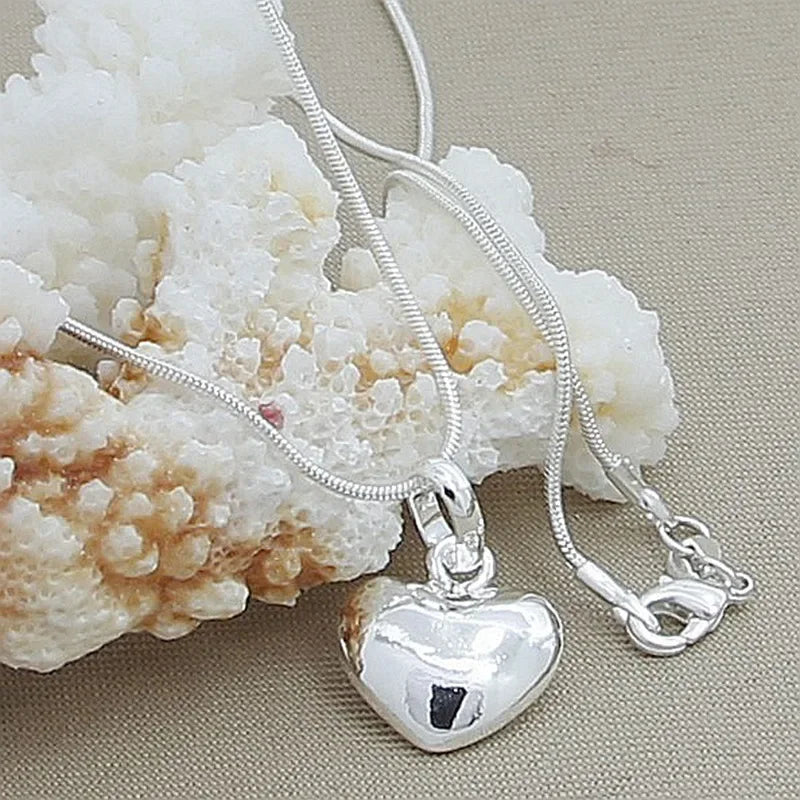 A silver heart-shaped necklace featuring a snake charm, displayed against a background of white coral.