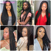 A collage of women modeling a 36 inch cornrow braids full lace wig in various styles and colors.