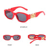 Red Y2K rose metal detail sunglasses shown from the front and back views
