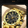 A close-up of a gold and black multi-layered chronograph dive watch with a textured strap, displayed on a neutral background.
