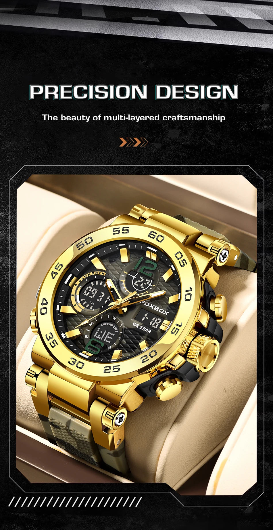 A close-up of a gold and black multi-layered chronograph dive watch with a textured strap, displayed on a neutral background.