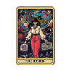 A tarot card enamel pin featuring a woman with dark hair and flowers surrounded by colorful cosmic elements, labeled The ADHD