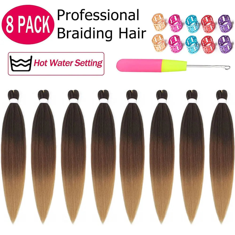 Set of eight 26-inch pre-stretched ombre braiding hair extensions in various shades