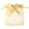A square, sheer gold organza gift bag tied with a satin bow and drawstring.