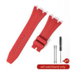 A red silicone watch band is shown with a black connector, intended for replacement.