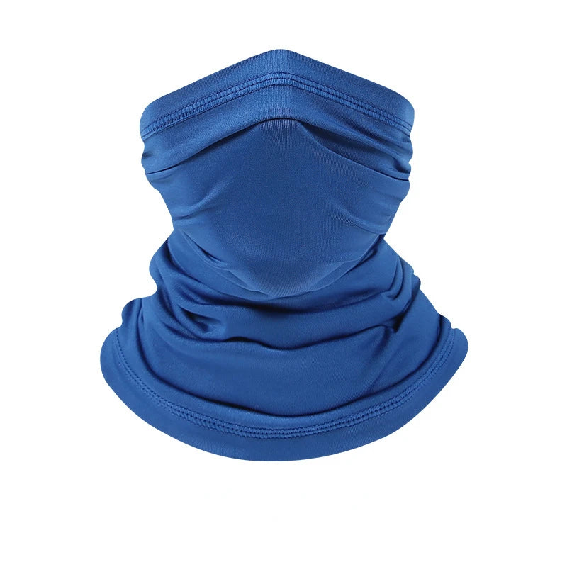 A royal blue all-in-one multi-use sun protection head scarf