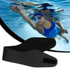 Black adjustable swimming headband floating underwater with a person swimming above