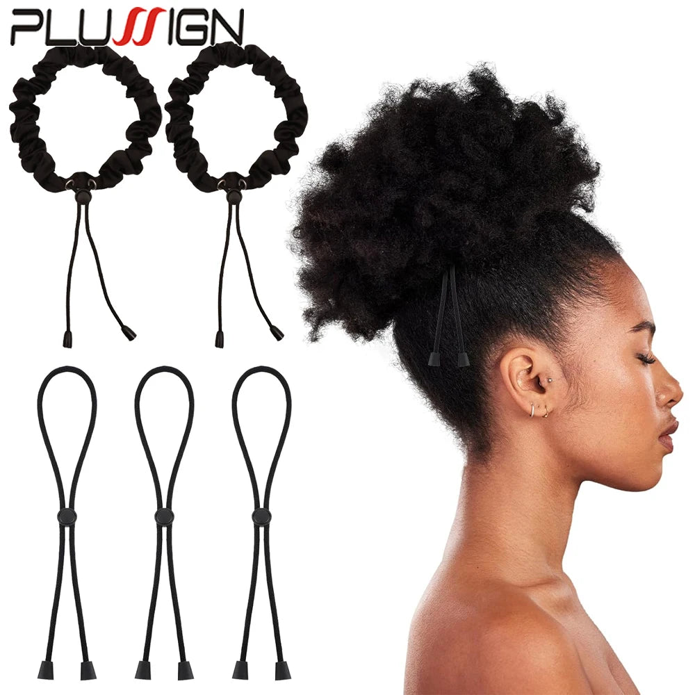 A woman is shown with her hair pulled up, next to a pack of black satin scrunchies.
