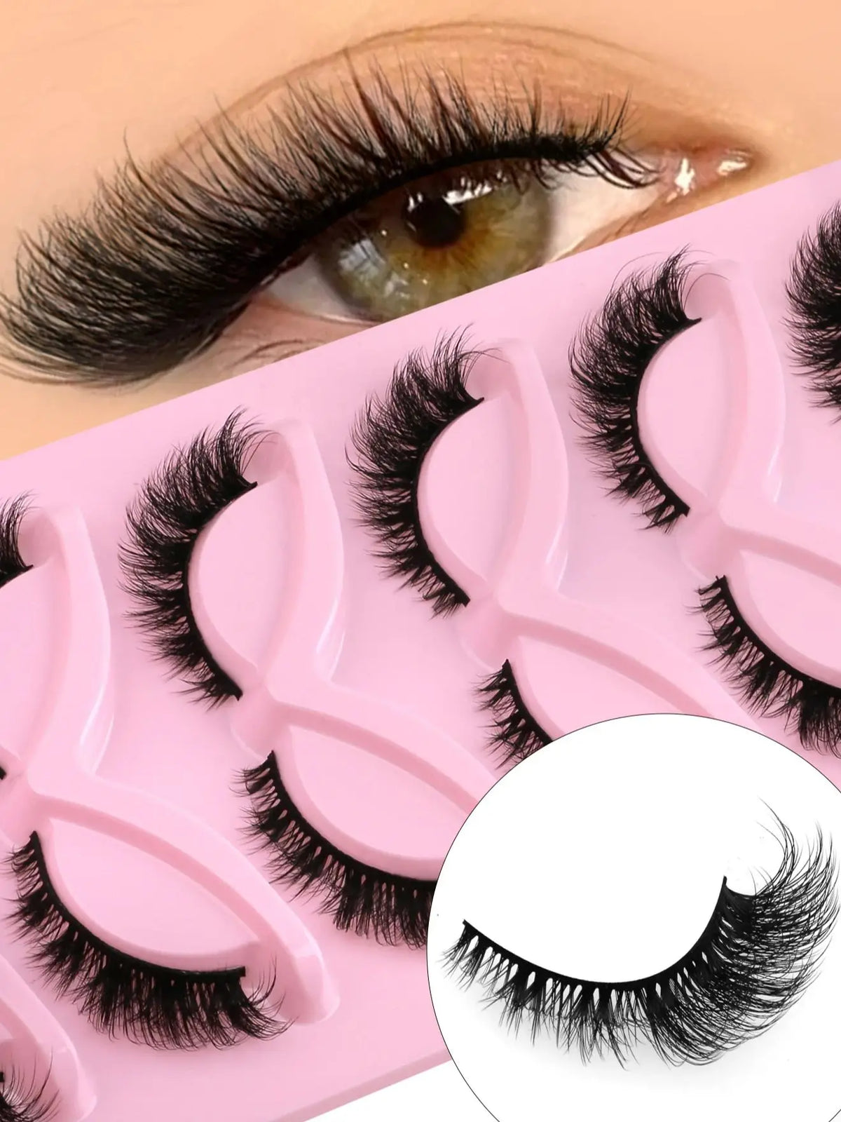 A pink cosmetic palette showing various shades of 3D faux mink cat eye eyelashes.