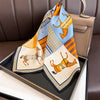 A fashion silk scarf and headband set featuring geometric patterns in orange, yellow, and blue tones.