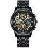 A black men's stainless steel quartz wristwatch with a detailed, luminous dial and black strap.