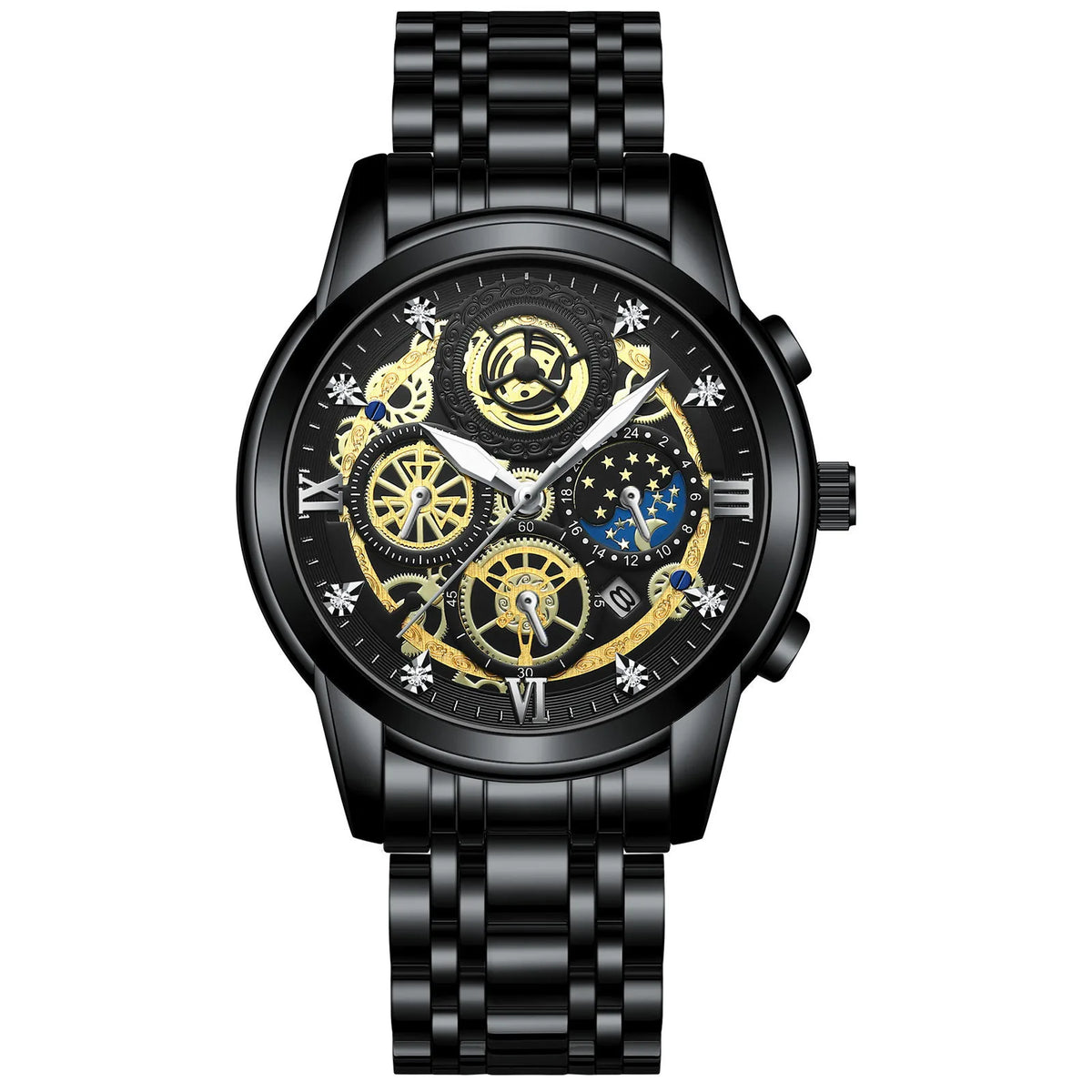 A black men's stainless steel quartz wristwatch with a detailed, luminous dial and black strap.