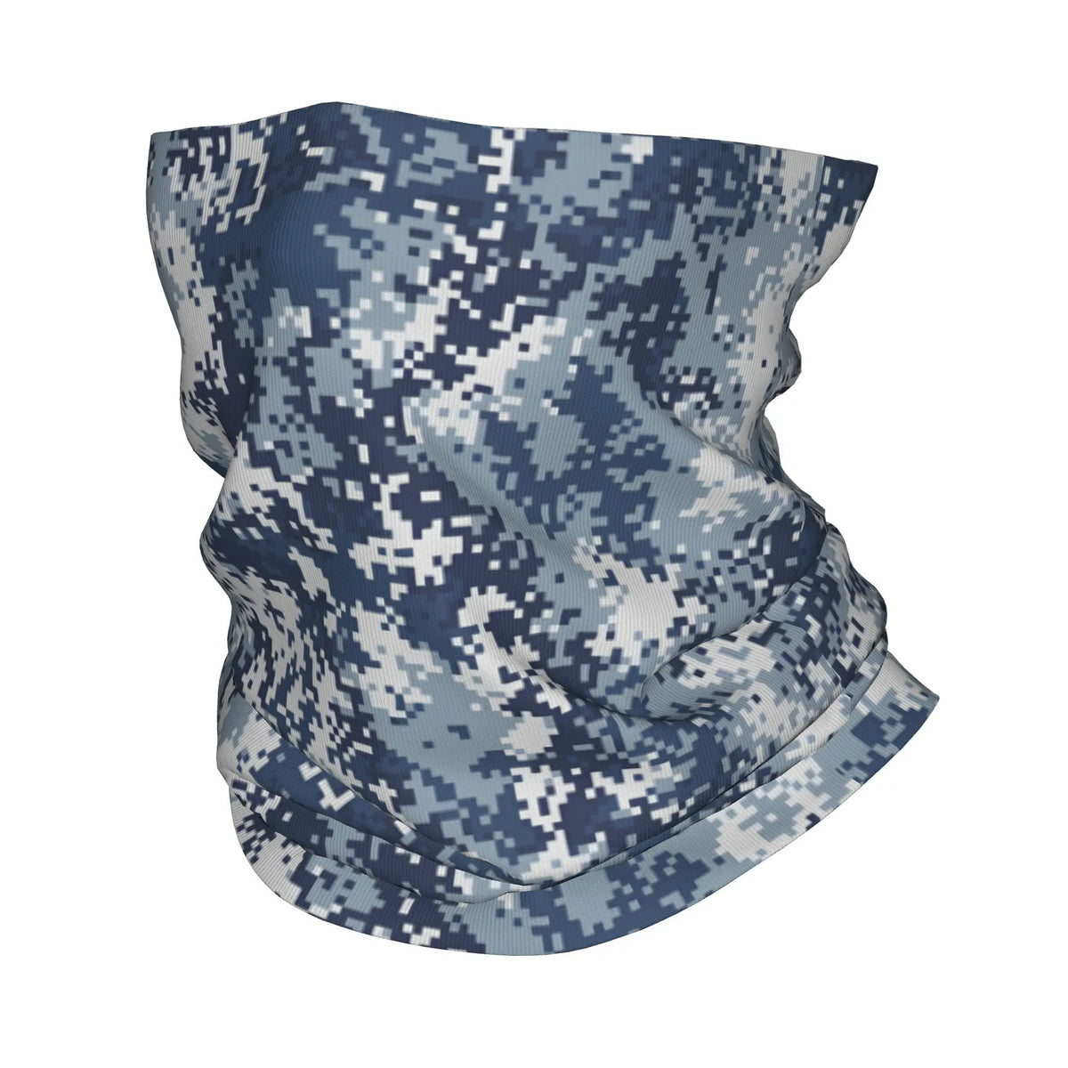 Primer plano de un cuello de tela de camuflaje azul y gris.