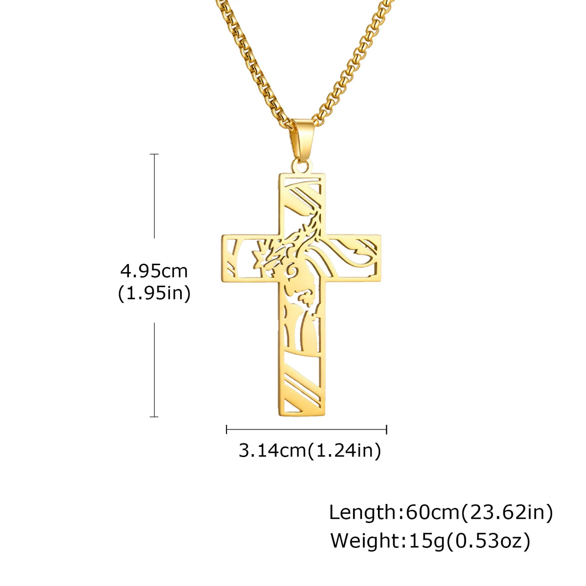 Gold finish stainless steel cross necklace with a chain and detailed design