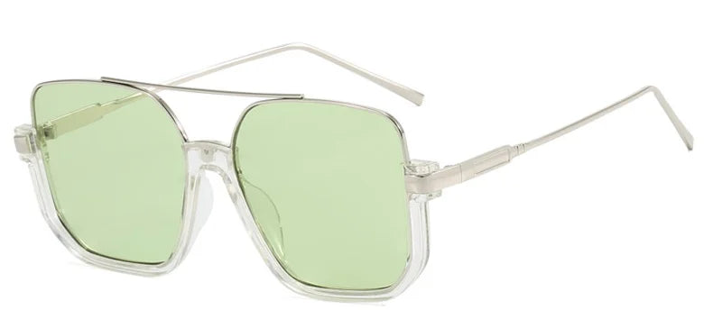 Pair of light green double bridge oversized square sunglasses with thin metal arms