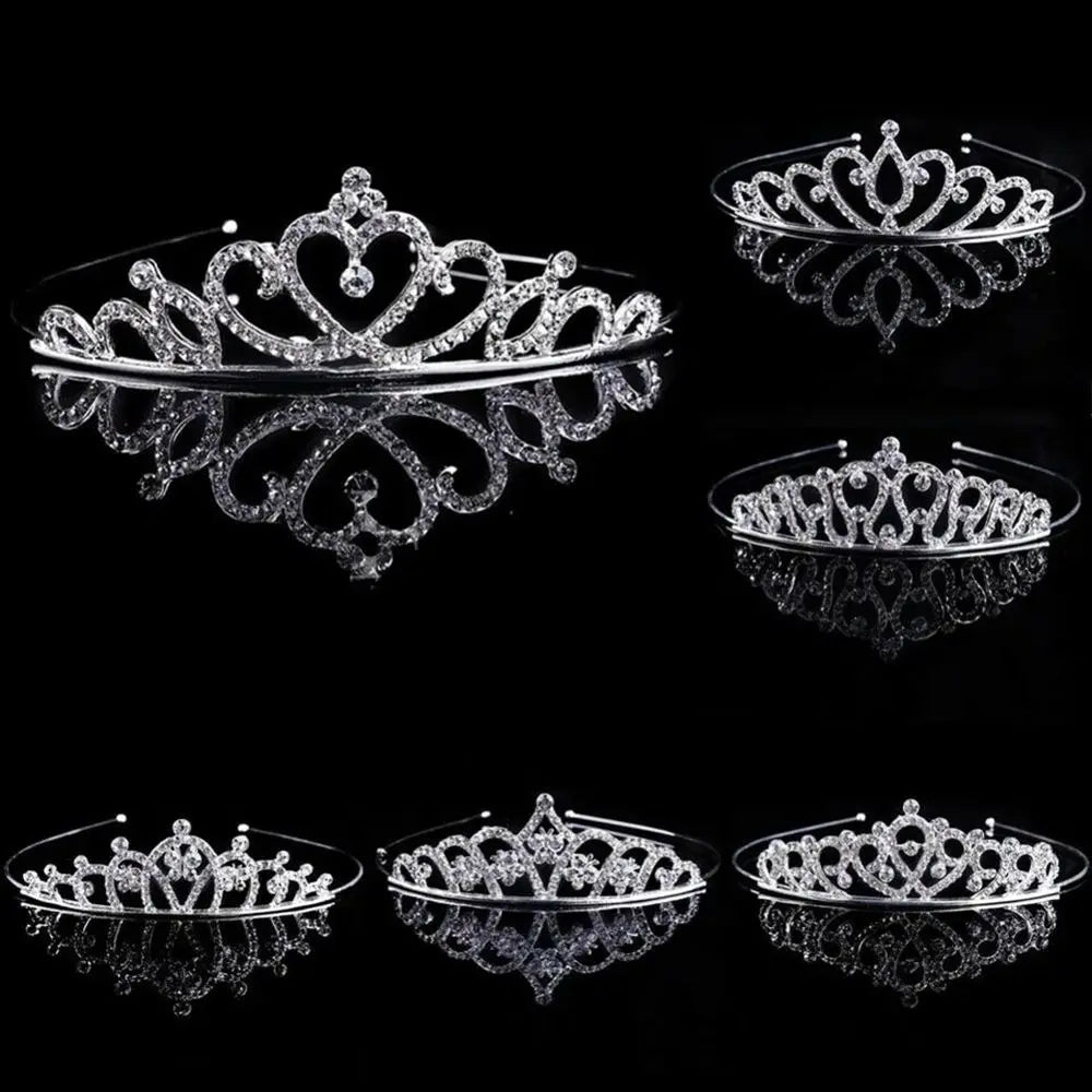 Silver crystal hair crown for women shown in multiple reflections against a black background
