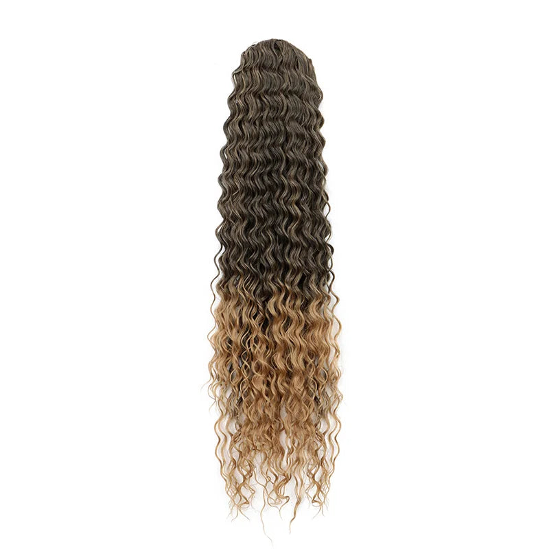 Long, wavy hair extension featuring a gradient color transition from dark brown to light blonde.