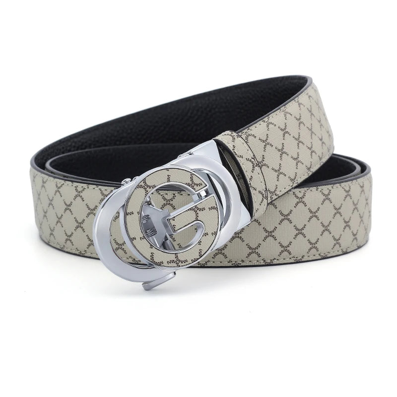 A beige plaid faux leather waist belt with a silver buckle shown on a white background.