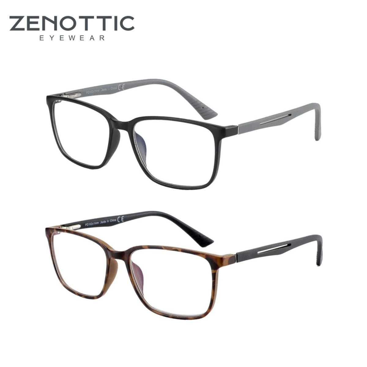 Paire de lunettes de lecture noires carrées anti-lumière bleue avec des montures métalliques fines.