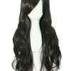 A long, black curly hair extension wig displayed on a mannequin.