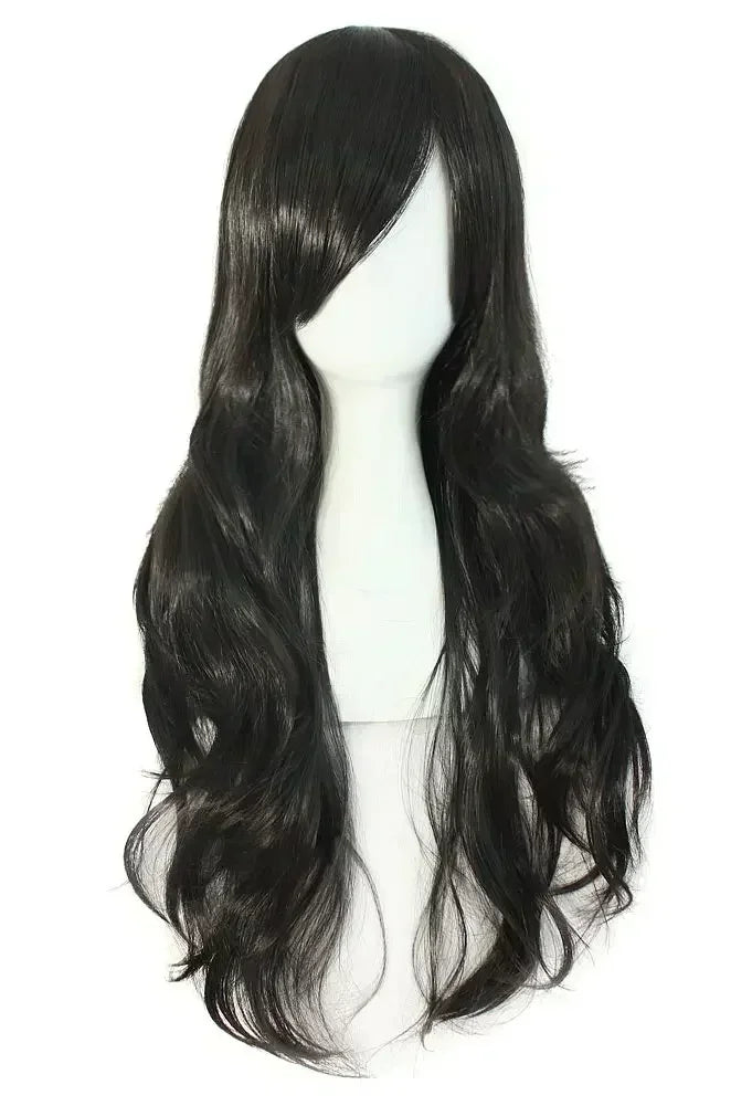 A long, black curly hair extension wig displayed on a mannequin.