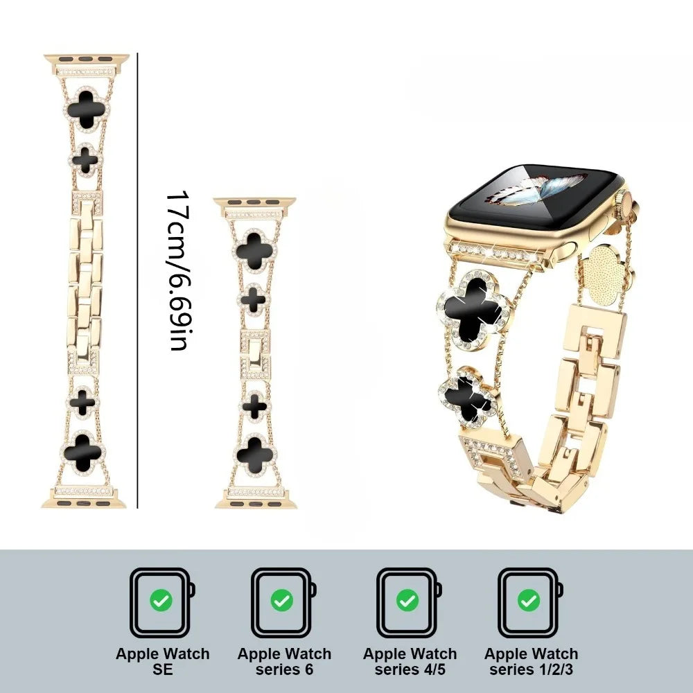 Bracelet de montre universel scintillant doré avec ses composants séparés et icônes de compatibilité.