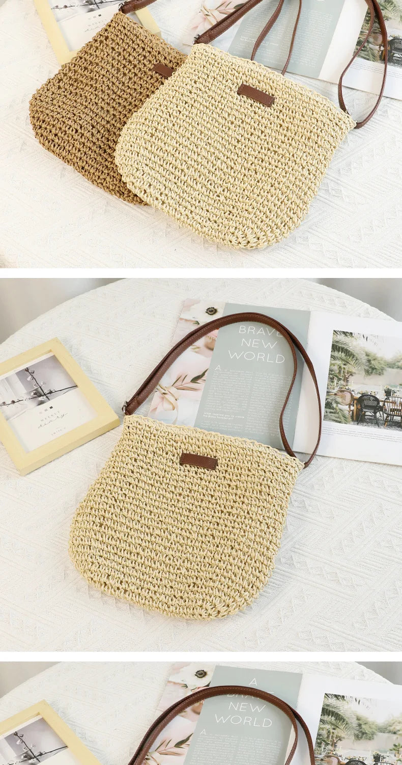 A light beige hand-woven straw visor hat is displayed on a white surface next to a magazine.
