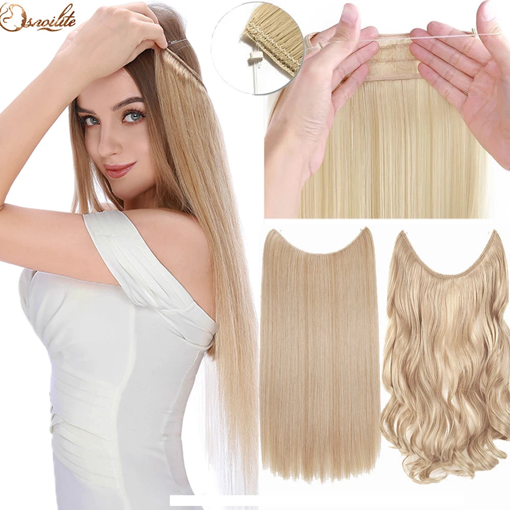 A woman shows off long, straight blonde hair extensions and a close-up of the hair bundles.