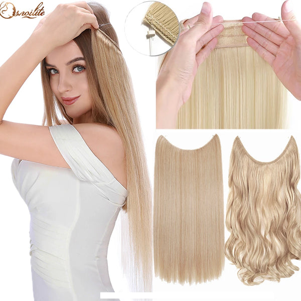 A woman shows off long, straight blonde hair extensions and a close-up of the hair bundles.