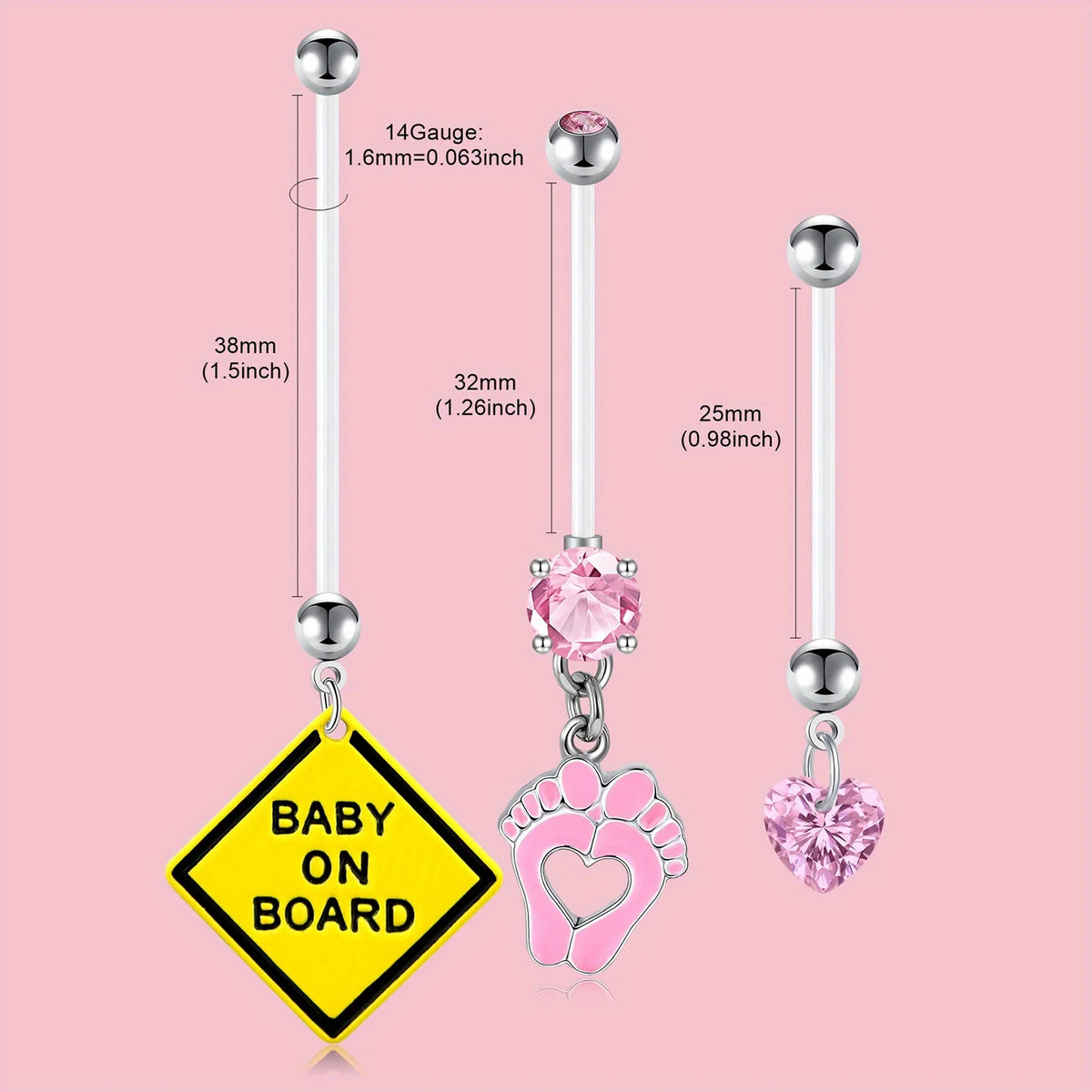 A set of elegant belly button rings featuring silver and pink gemstone charms on a pink background.