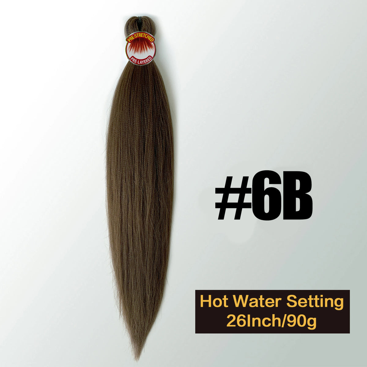 A bundle of dark brown pre-stretched Kanekalon braiding hair extensions labeled #6B for hot water setting.