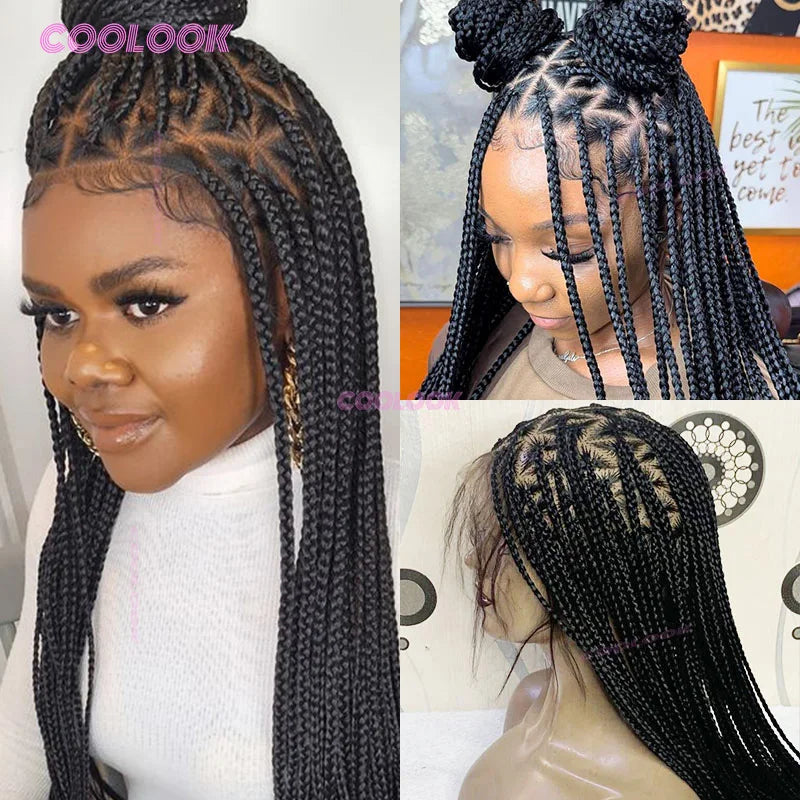 Close-up of a black full lace box braid wig worn by a woman, showing the intricate braiding detail.