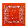 A square orange cotton bandana scarf featuring intricate white paisley and floral embroidery.
