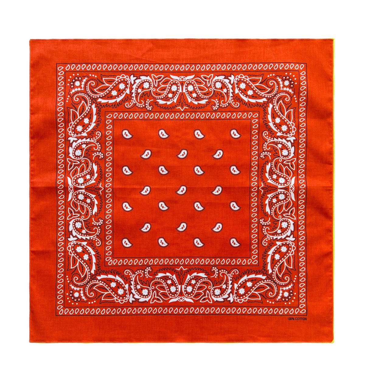 A square orange cotton bandana scarf featuring intricate white paisley and floral embroidery.