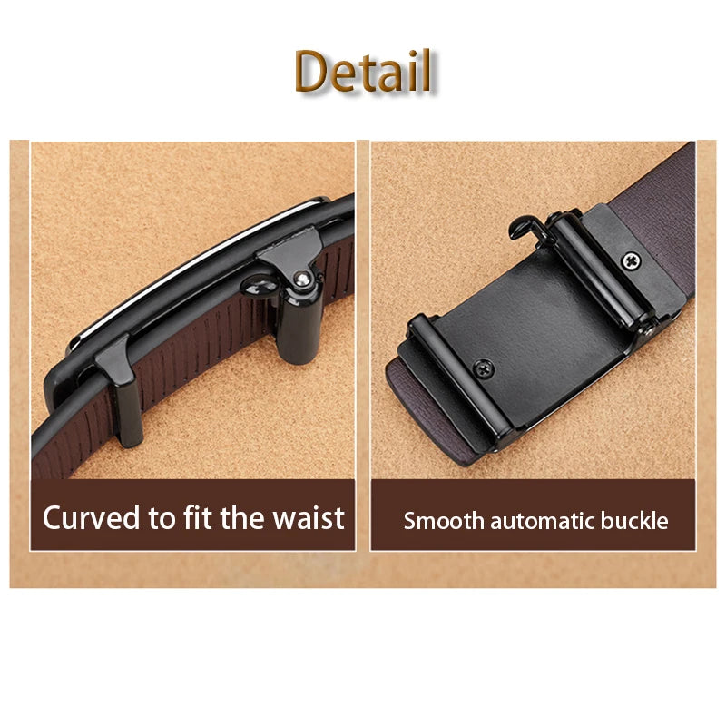 Detail view of a genuine leather men's automatic buckle belt showing the curved design and smooth automatic buckle mechanism.