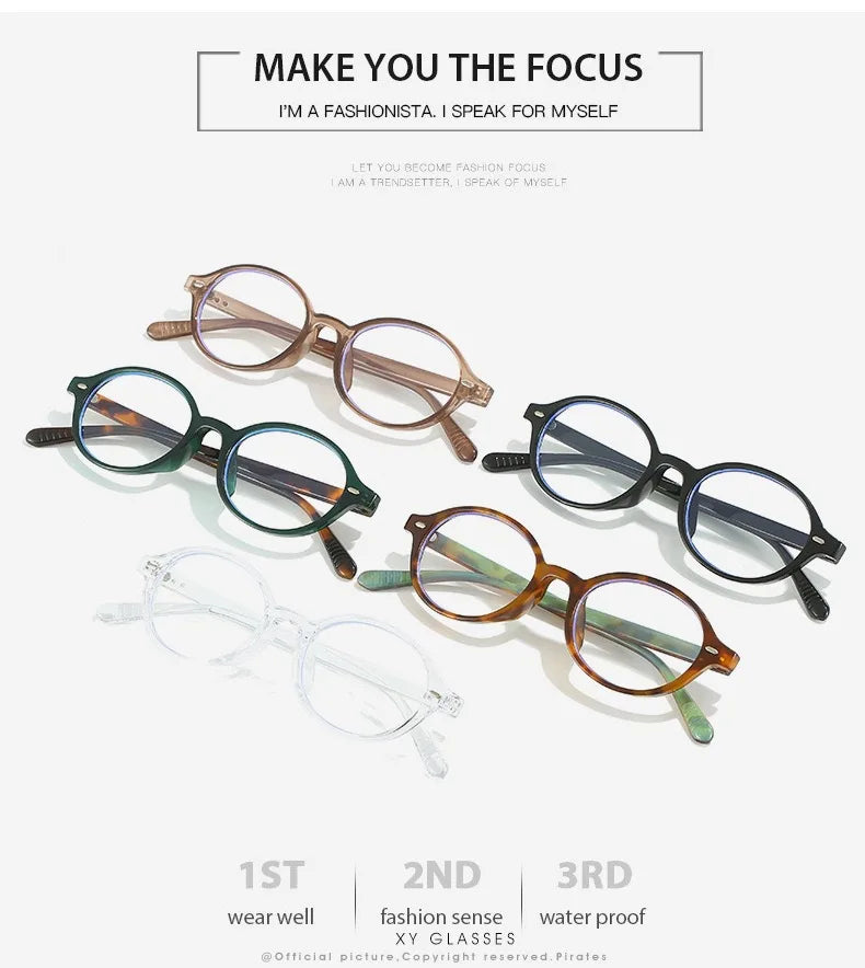 A collection of five round anti-blue light computer glasses in various shades of brown and clear frames.