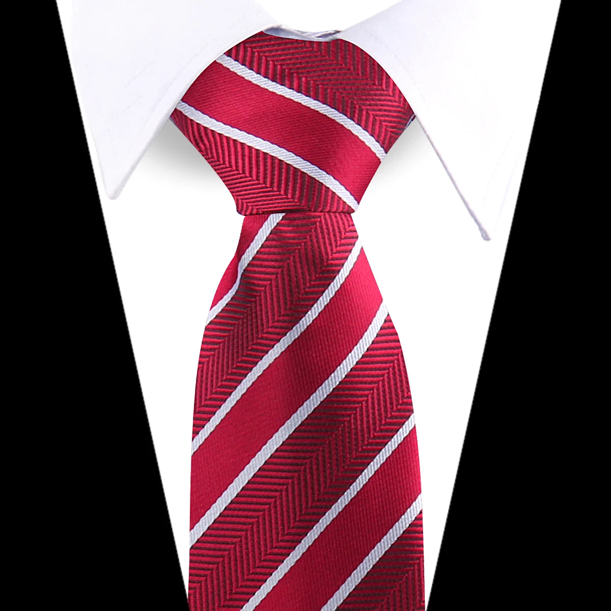 A red and white striped silk necktie with a diagonal pattern shown against a white shirt.