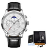 A silver-cased LIGE men's quartz watch with a black leather strap and chronograph features Roman numerals.
