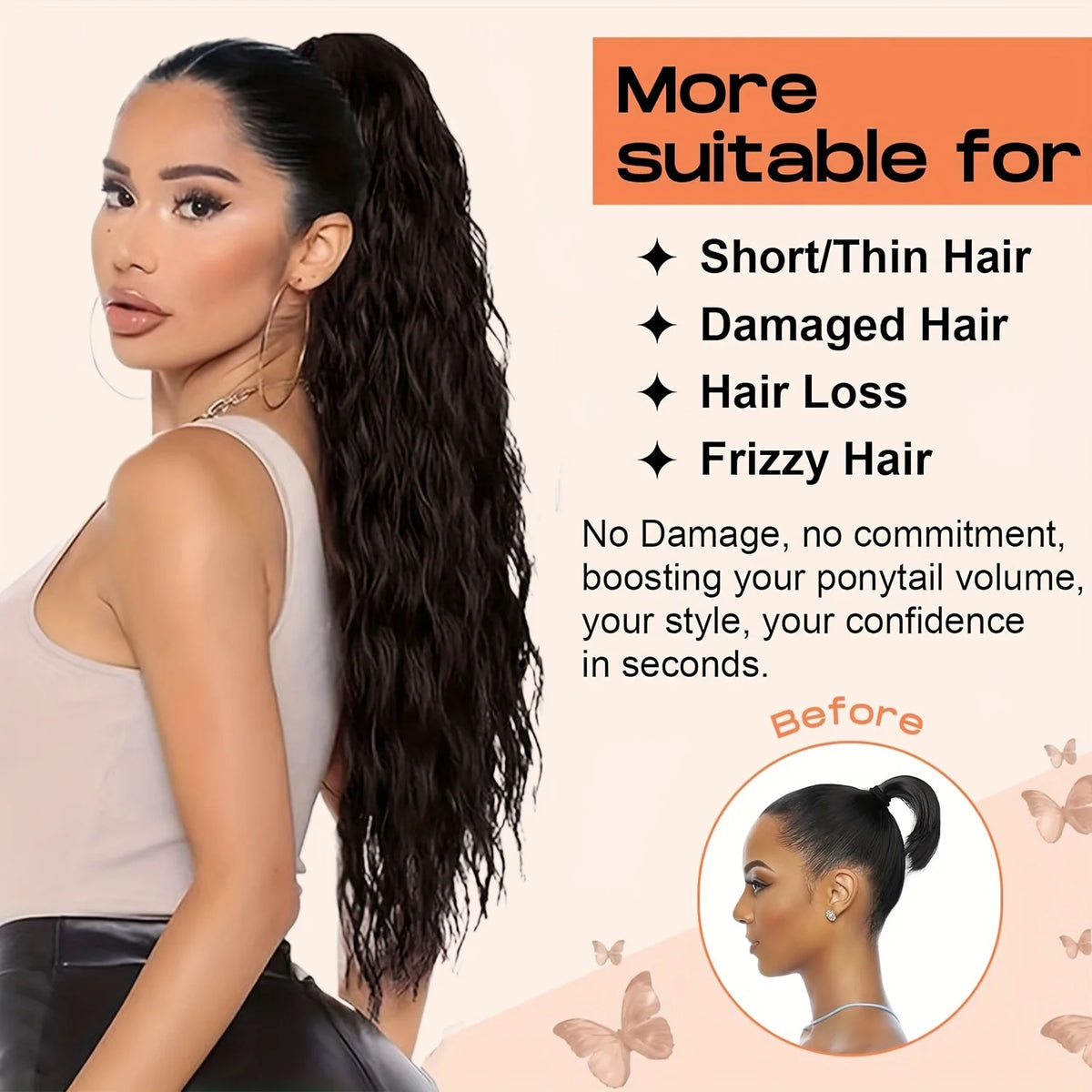 Une femme modèle de longs cheveux noirs avec extensions, montrant une queue de cheval pour les cheveux courts ou abîmés.