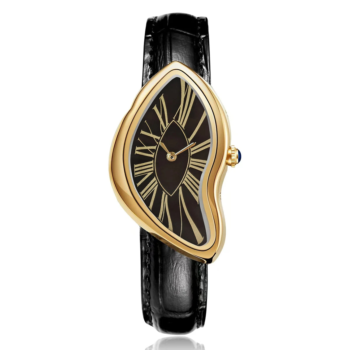 A gold-toned watch with a black strap and an irregular, heart-shaped face featuring black and gold markings.