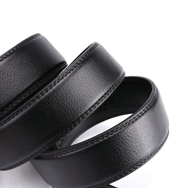 Black genuine leather buckle belt for men shown in a close-up view
