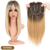 A model displays long, straight blonde hair with a textured topper and bangs attached for volume and coverage.
