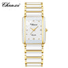 A gold and white luxury quartz couple watch with a silver-toned band and crystal face.