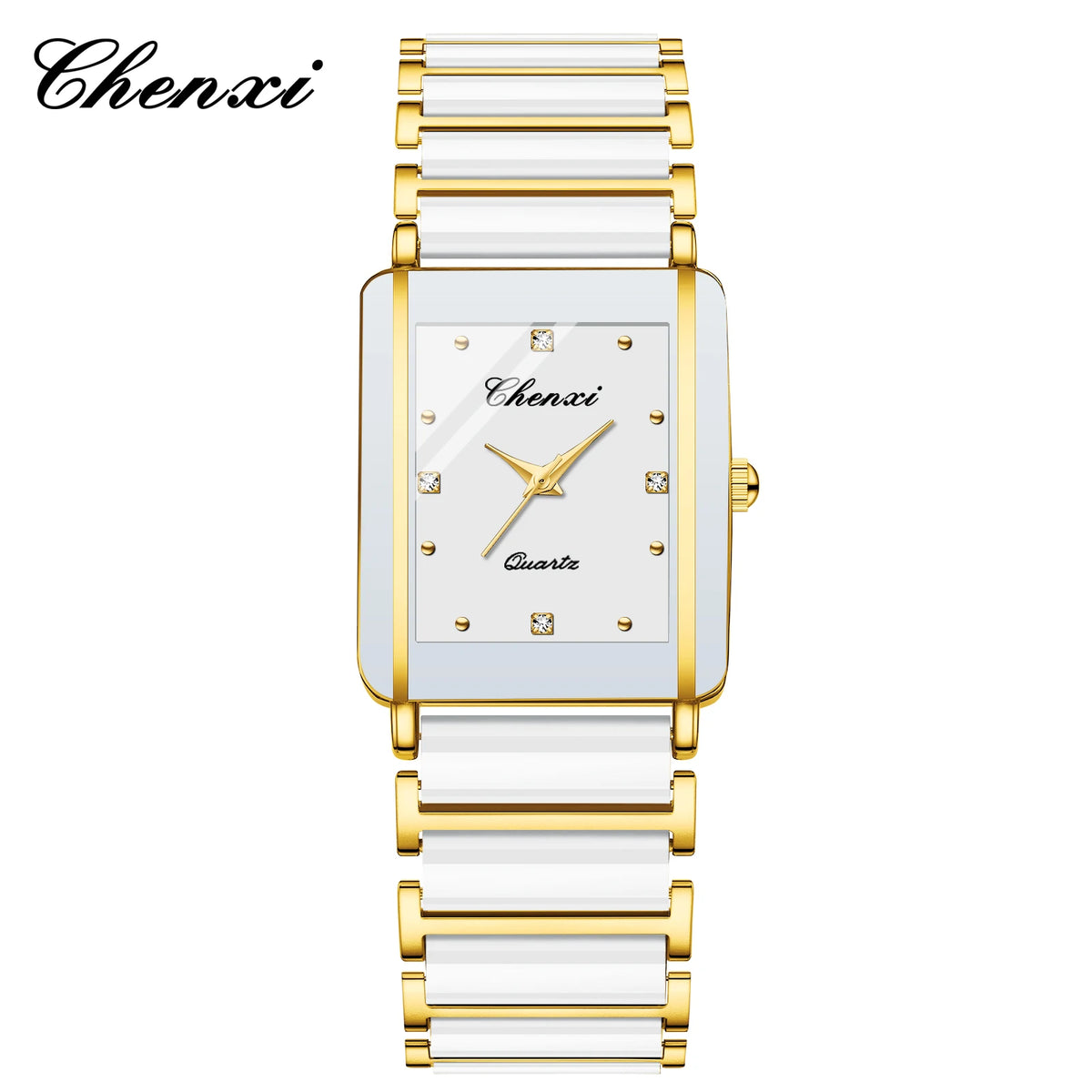 A gold and white luxury quartz couple watch with a silver-toned band and crystal face.