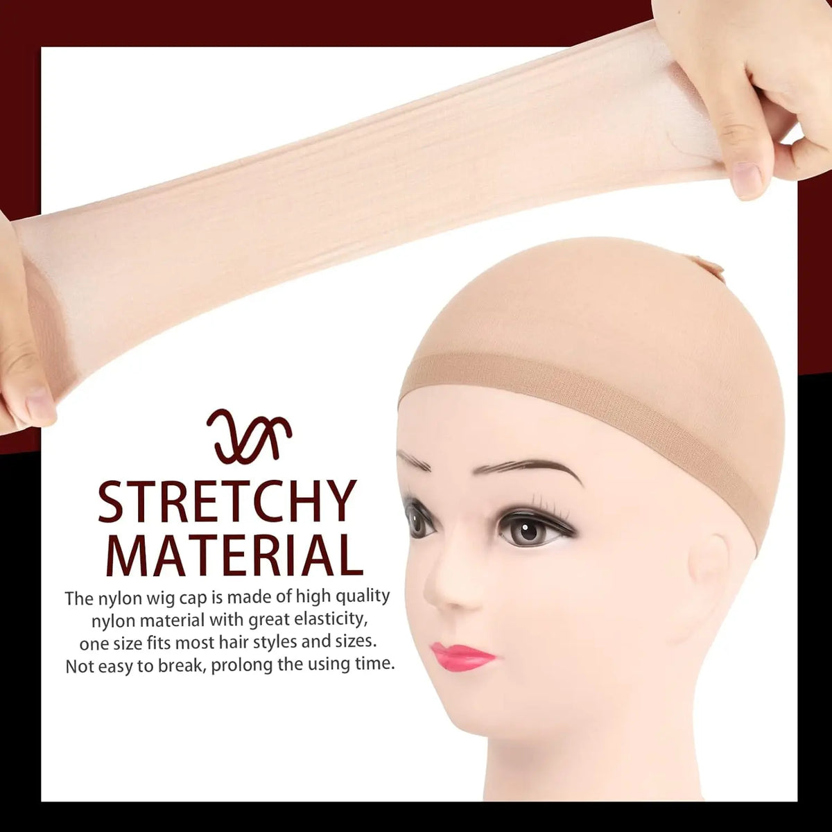 A hand is stretching a nude colored wig cap material, shown next to a mannequin head.