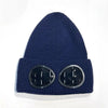 Navy blue knit windproof hat with round black goggles