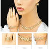 A set of 18K gold heart crystal jewelry including a necklace and bracelet displayed on a model's hand and neck.