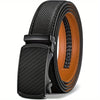Black woven leather ratchet dress belt with a black buckle and tan leather strap.